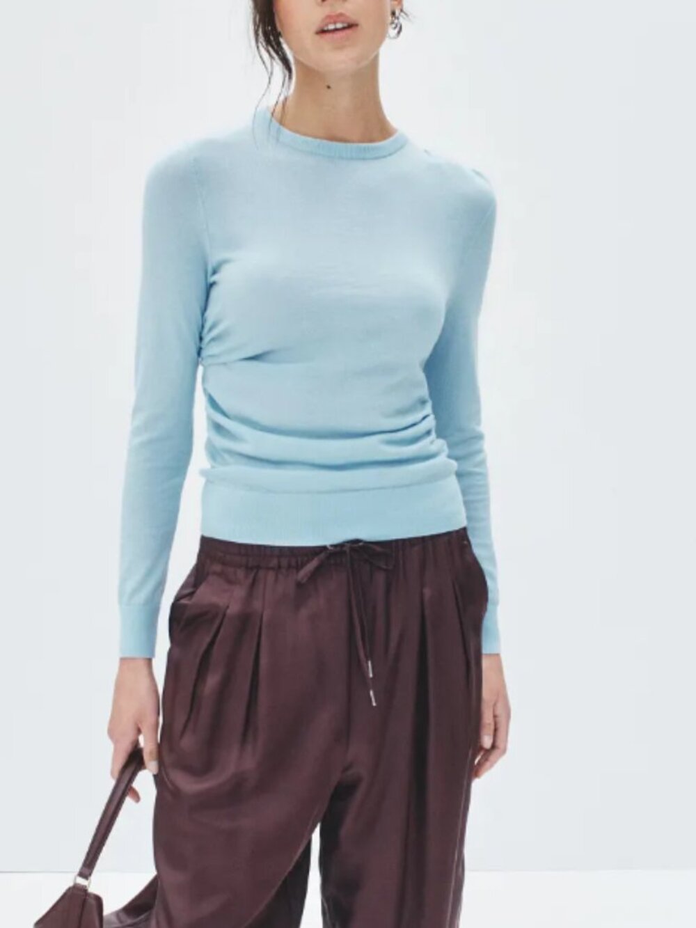 LK BENNETT Dora Knitted Top Long Sleeve Ruched Crewneck BLUE